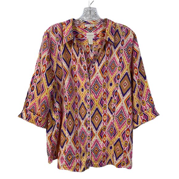 CHICO'S 2 100% Linen No-Iron Shirt Pattern Print Back Button Detail 3/4 Sleeves - Picture 1 of 10